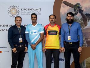 Expo 2020 Dubai Cricket Cup Final Team captains and cricket stars.
