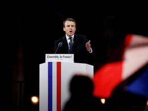 France's new president, Emmanuel Macron speaks on Sunday at the Louvre (Patrick Kovarik/AFP)