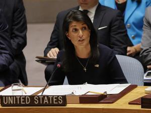 United States Ambassador to the United Nations Nikki Haley addresses a UN Security Council emergency meeting, September 4, 2017. (AFP/Kena Betancur)