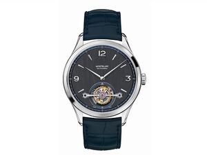 The Montblanc Heritage Chronométrie Exo Tourbillon Slim Openworked comes with blued sword-shaped hands and the new blue-colour alligator strap, providing utmost elegance.