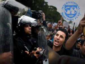 The IMF's logo on top of civil unrest (Rami Khoury/Al Bawaba)
