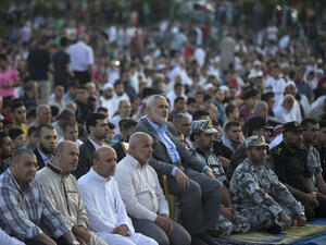 Hamas leader Ismail Haniya attends Eid al-Fitr prayers. (AFP) 