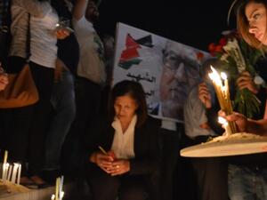 Protesters at a vigil held Monday night for Nahed Hattar at the site of his murder (Al Bawaba/Bethan Staton)