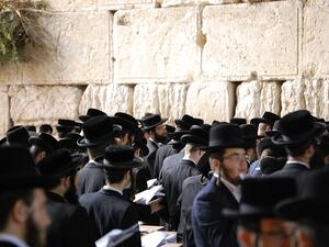Orthodox Jews pray in the men's section of the Western Wall plaza
