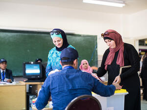 Two women cast their ballots in parliamentary elections in Amman, Jordan, on Sept. 20, 2016. (Lindsey Leger)