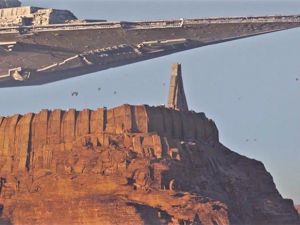 Jordan's Wadi Rum desert looks a little different with an Empire spaceship hovering above the mountains. (Lucasfilm)