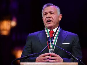 Jordan's King Abdullah II speaks after receiving the 2018 Templeton Prize at the National Cathedral in Washington, DC on November 13, 2018. (MANDEL NGAN / AFP)