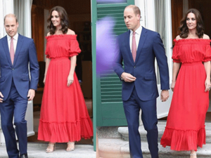 كسرت كيت ميدلتون قواعد اللباس الملكية بارتدائها فستان أحمر منزلق الأكتاف