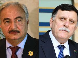 القياديان الليبيان فائز السراج (يمين) وخليفة حفتر (يسار)