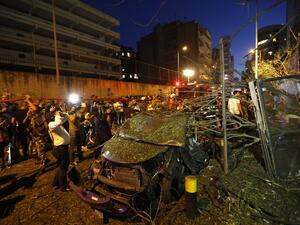 An explosive device hidden in plants outside BLOM bank headquarters in the Verdun neighborhood went off shortly after 8 pm on a mainly deserted street last night. (AFP/Anwar Amro)