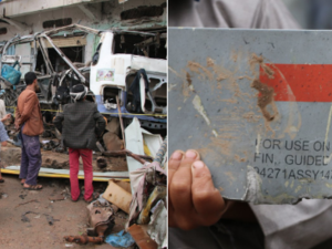 Photos were shared on social media. On the right, the destruction caused by the Saudi-led coalition bombs that targeted a school bus in Yemen killing dozens of children. On the left, the bomb that was used in the attack. It was sold to Saudi Arabia from the US. (Social Media)