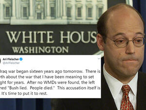 Bush’s press secretary during the Iraq war, Ari Fleischer went to Twitter on Wednesday and on the war anniversary to defend himself and his colleagues against “accusations” of being liars after no WMDs were found in Iraq.