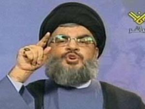 Hassan Nasrallah is seen during a broadcast on Hezbollah's al-Manar channel. (File photo)