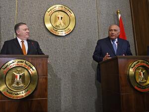 US Secretary of State Mike Pompeo (L) holds a joint press conference with Egyptian Foreign Minister Sameh Shoukry at the ministry of foreign affairs in Cairo on January 10, 2019. (AFP)