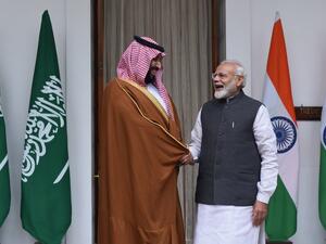 Indian Prime Minister Narendra Modi (R) shakes hands with Saudi Crown Prince Mohammed bin Salman prior to a meeting at Hyderabad House in New Delhi on February 20, 2019. (AFP)