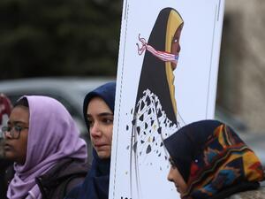 Supporters call for the release of detained tv anchorwomen Marzieh Hashemi, during a rally in front of the U.S. District Courthouse, on January 23, 2019 in Washington, DC. (AFP)
