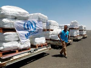 Emergency medical aid provided by United Nations High Commissioner for Refugees (UNHCR) is seen being unloaded at the international airport in Sanaa earlier this month. (AFP)