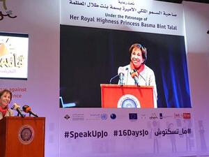 Princess Basma addresses students during a ceremony marking the end of an international campaign against gender-based violence (Photo courtesy of Princess Basma’s office)