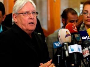 United Nations Special Envoy to Yemen Martin Griffiths speaks to the press upon his arrival at Sanaa international airport on March 24, 2018. (Mohammed Huwais / AFP)
