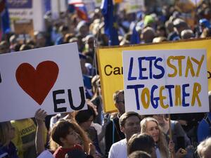 Demonstrators take part in the People's Vote march calling for a referendum on a final Brexit deal in central London. (AFP/File)