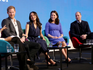 (L-R) Britain's Prince Harry, his Wife Meghan Markle, Britain's Catherine, Duchess of Cambridge and Britain's Prince William, Duke of Cambridge attend the first annual Royal Foundation Forum. (AFP)