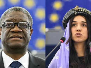Congolese gynecologist Denis Mukwege, left, and Nadia Murad Basee Taha is a Yazidi human rights activist from Iraq, have been named as the winners of the Nobel Peace Prize 2018. (AFP)