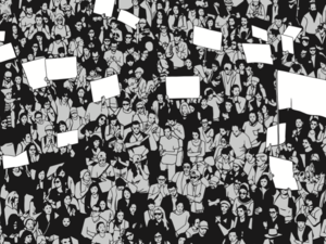 Illustration of crowd protesting for basic human rights with blank signs and flag in three tones: black, white, grey | Shutterstock.