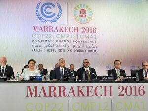 Morocco's King Mohammed VI (C-R), United Nations Secretary-General Ban Ki-moon (2nd R), Morocco's Foreign Minister Salaheddine Mezouar (3rd L), UN climate chief Patricia Espinosa of Mexico (2nd L) pose among others prior to the opening session of the UN climate conference in Marrakesh. (AFP/Fadel Senna) Morocco's King Mohammed VI (C-R), United Nations Secretary-General Ban Ki-moon (2nd R), Morocco's Foreign Minister Salaheddine Mezouar (3rd L), UN climate chief Patricia Espinosa of Mexico (2nd L) pose among others prior to the opening session of the UN climate conference in Marrakesh. (AFP/Fadel Senna)
