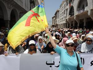 A Moroccan protester waves a flag of the Amazigh, Morocco's Berber community, during a demonstration in downtown Rabat on June 11, 2017, demanding that authorities release the leaders of a protest movement that has rocked the neglected northern Rif region for months. (Stringer/AFP)