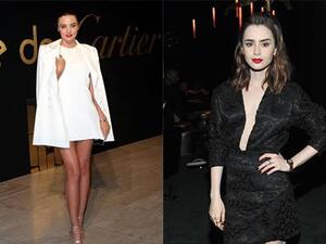 عارضة الأزياء ميرندا كير مرتدية فستان أبيض وجاكيت من نفس اللون 