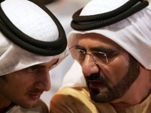 Sheikh Mohammad bin Rashid al Maktoum (right), ruler of Dubai and prime minister of the UAE, and his son Rashid, who died on September 19, 2015. (AFP/Karim Sahib)