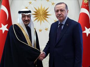 Turkish President Recep Tayyip Erdogan (R) and Waleed Ben Abdel Karim El Khereiji (L), Saudi Arabian Ambassador to Turkey, shake hands during their meeting at presidential complex in Ankara, Turkey on February 07, 2017. (Presidency of Turkey)