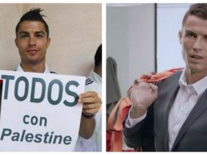 Cristiano Ronaldo pictured (left) with a pro-Palestinian poster and (right) in an Israeli commerical. (Twitter)