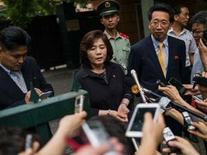 North Korean Talks Deputy Representative Choe Son Hui (C) speaks to the media at the gates of North Korea's Embassy in Beijing. (AFP/ File Photo)