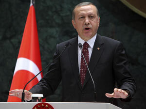 “None of us can remain silent to the arbitrary cancellation of commercial agreements and the use of economic sanctions as weapons,” Erdogan said in a speech to the United Nations General Assembly. (AFP PHOTO / ADEM ALTAN)