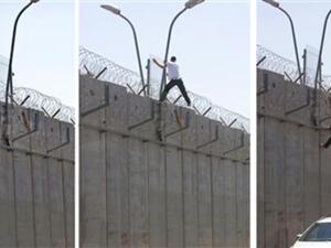 صورة مجمعة لعملية قيام شاب فلسطيني بتسلق الجدار العازل من الضفة الى اسرائيل بحثا عن عمل/أ.ف.ب