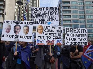 Demonstrators pose for a photograph with their placards at the start of a march calling for a People's Vote on the final Brexit deal, in central London on October 20, 2018. (NIKLAS HALLE'N / AFP)