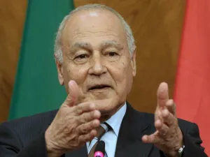 Arab League Secretary-General Ahmed Aboul Gheit gestures during a joint conference. (File/AFP)