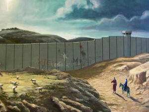Banksy's Christmas card from 2015 shows Joseph and Mary barred from entry to Bethlehem by the current separation wall. [artwork by www.banksy.co.uk/]