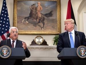 US President Donald Trump and Palestinian Authority President Mahmoud Abbas speak in the Roosevelt Room during a joint statement at the White House in Washington, DC, on May 3, 2017. 