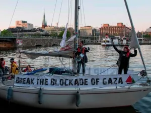 The Palestine with five persons onboard leaving Stockholm with destination Gaza to try to break Israel's blockade on the Strip, May 15, 2018. (AFP Photo)
