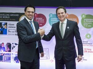 Peter Baumgartner, Etihad Airways Chief Executive Officer, is pictured right with Andrew Fisher, Vice President Fleet Planning, at an employee reception acknowledging the record-breaking achievement.