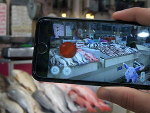 A gamer uses the Pokemon Go application on his mobile in the main fish market in Kuwait City. (AFP/File)