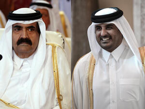 From left to right: A March 26, 2013 file photo shows Qatar's Emir Hamad bin Khalifa al-Thani attending the opening of the Arab League summit in the Qatari capital Doha, and his son, the new emir Sheikh Tamim bin Hamad al-Thani smiling as he arrives in the Bahraini capital of Manama on December 24, 2012. (AFP)
