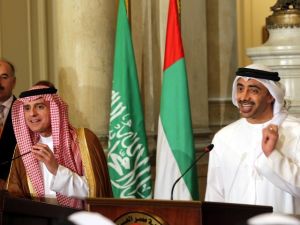 UAE Minister of Foreign Affairs and International Cooperation Abdullah bin Zayed Al-Nahyan (R) talks to reporters as he stands next to Saudi Foreign Minister, during a joint press conference with their Egyptian and Bahraini counterparts, Wednesday July 5. (KHALED ELFIQI / POOL / AFP)