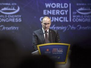Russian President Vladimir Putin gives a speech during the 23rd World Energy Congress on October 10, 2016 in Istanbul. (AFP/Ozan Kose)