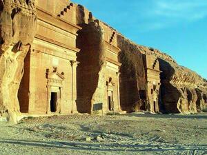 A row of tombs from the al-Khuraymat group, in the archaelogical Nabatean site of Mada'in Saleh. (Wikipedia)
