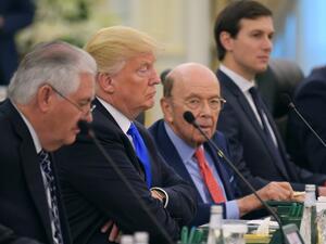 US Secretary of State Rex Tillerson, US President Donald Trump, Commerce Secretary Wilbur Ross and advisor Jared Kuchner take part in bilateral meeting with Saudi Arabia's King Salman bin Abdulaziz al-Saud at the Saudi Royal Court in Riyadh on May 20, 2017. (AFP/Mandel Ngan)