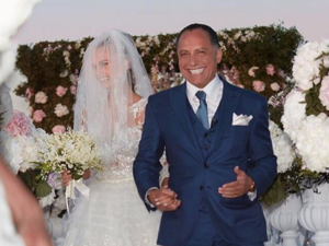 The happy couple on their wedding day in gorgeous Santorini. (Instagram)