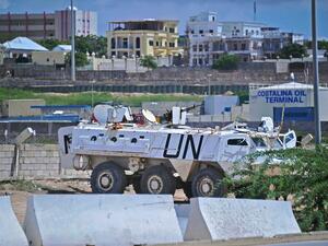 A UN peacekeeper's armored vehicle parked at Mogadishu's airport, May 1 2017. (AFP/Mohamed Abdiwahab)